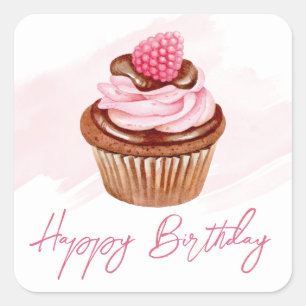 Watercolor Raspberry & Chocolate Cupcake Birthday Square Sticker