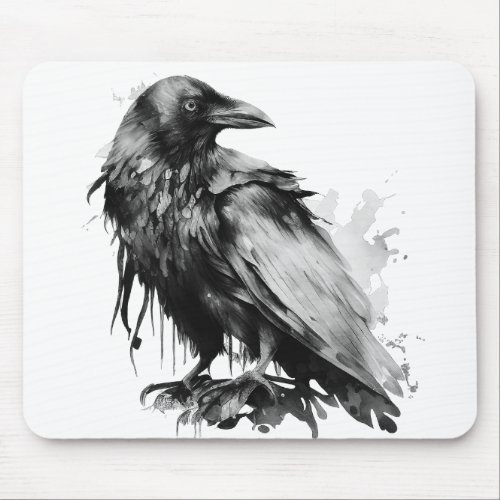 Watercolor Raven _ BW Mouse Pad