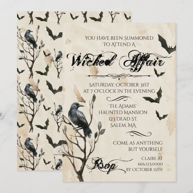 Watercolor Raven & Bats Halloween Party Invitation (Front/Back)