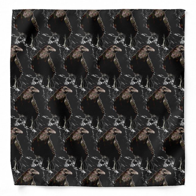 Watercolor Raven Bird Animal Art Black Background Bandana (Front)