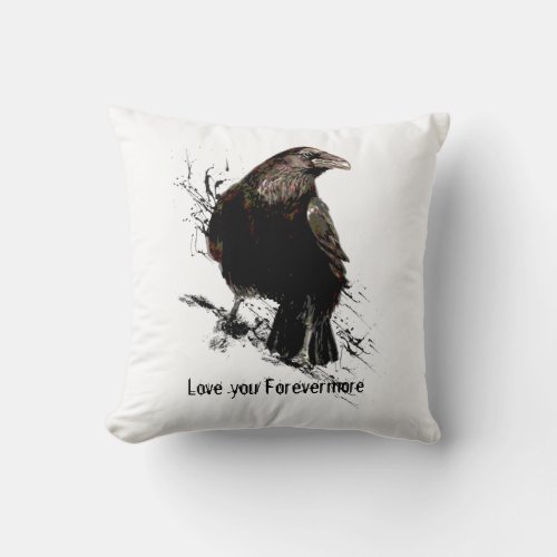 Watercolor Raven Bird Animal Art Black Quote Throw Pillow