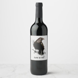 Watercolor Raven Bird Animal Art Personalize Wine Label