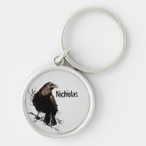 Watercolor  Raven Bird Animal Customize Name Keychain