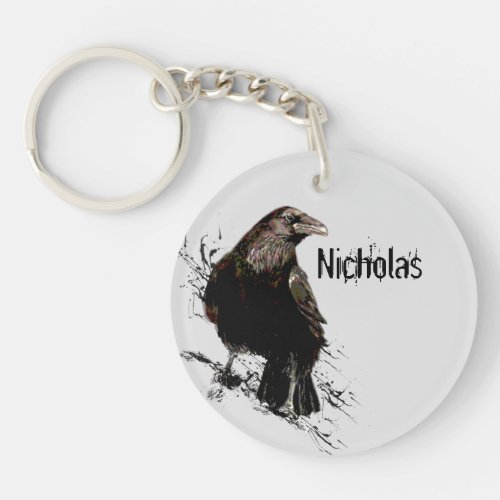 Watercolor  Raven Bird Animal Customize Name Keychain