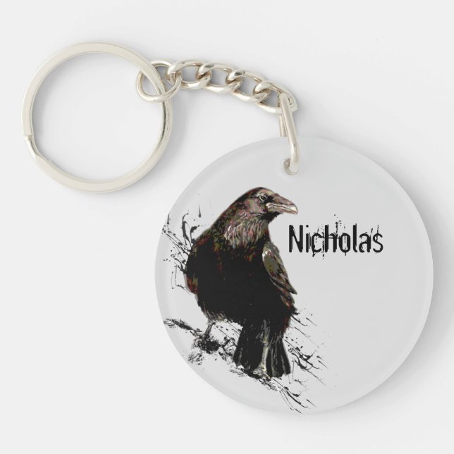 Watercolor  Raven Bird Animal Customize Name Keychain (Front)