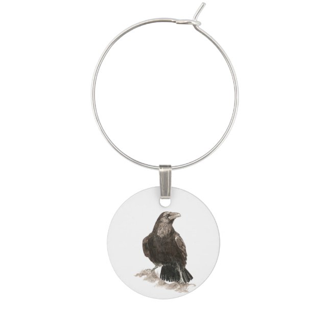 Watercolor Raven Bird Nature Art Wine Charm (Front)