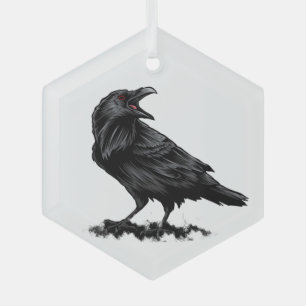 Watercolor Raven Birds Glass Ornament