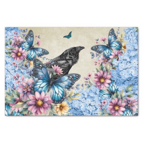 Watercolor Raven Blue Hydrangea  Butterflies Tissue Paper