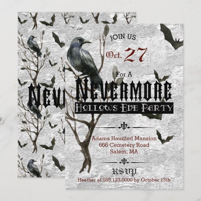 Watercolor Raven Nevermore Halloween Party Invitation (Front/Back)