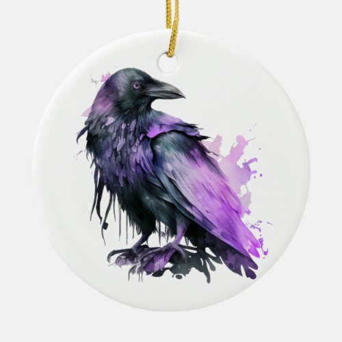 Watercolor Raven _ Purple Ceramic Ornament