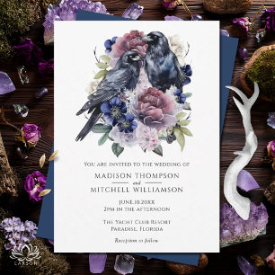 Watercolor Ravens Gothic Purple Floral Invitation