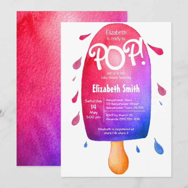 Watercolor ready to pop gender neutral baby shower invitation (Front/Back)