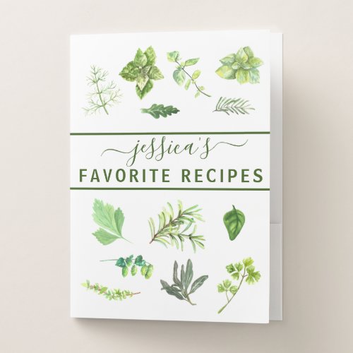 Watercolor Recipe Herbs Greenery Personalized Cook Pocket Folder
