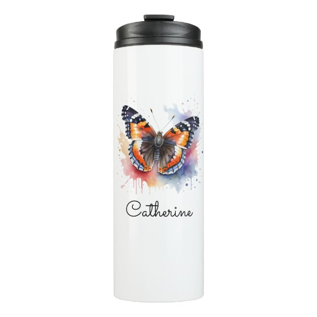 Watercolor Red Admiral Butterfly Personalized Thermal Tumbler (Front)