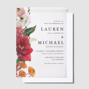 Watercolor Red Amaryllis and Autumn Floral Wedding Vellum Invitations
