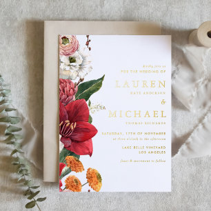 Watercolor Red Amaryllis and Chrysanthemum Wedding Foil Invitation