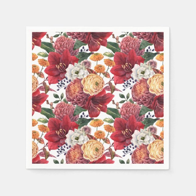 Watercolor Red Amaryllis and Chrysanthemums Floral Napkins (Front)