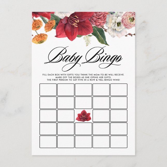 Watercolor Red Amaryllis Bridal Shower Bingo Game Enclosure Card (Front)