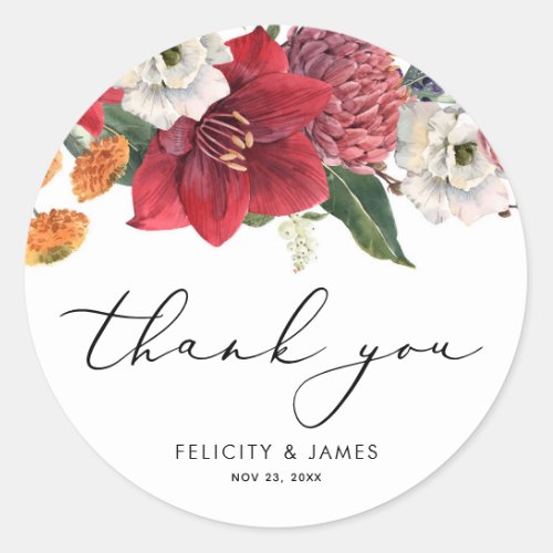 Watercolor Red Amaryllis Floral Wedding Thank You Classic Round Sticker