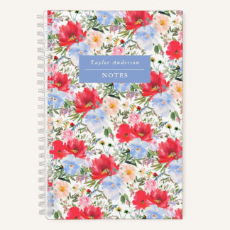 Watercolor Red and Blue Florals Spiral Notebook