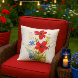 Watercolor Red and Blue Flowers on a White Outdoor Pillow