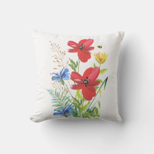 Watercolor Red and Blue Flowers on a White Outdoor Pillow