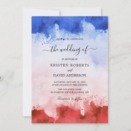 watercolor red and blue wedding invitation