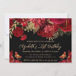 Watercolor Red and Gold Flowers 21st Birthday Invitation