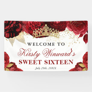Watercolor Red and Gold Flowers Sweet 16 Banner