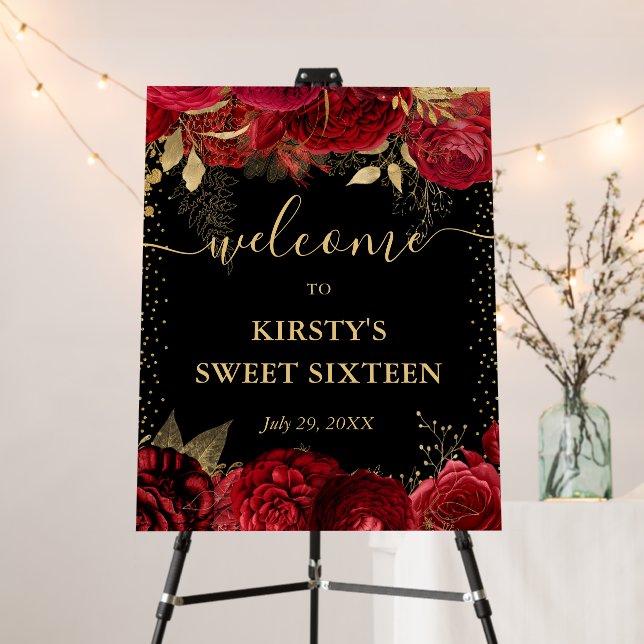 Watercolor Red and Gold Flowers Sweet 16 Foam Board (In Situ (Stand))
