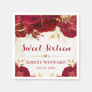 Watercolor Red and Gold Flowers Sweet 16 Napkins