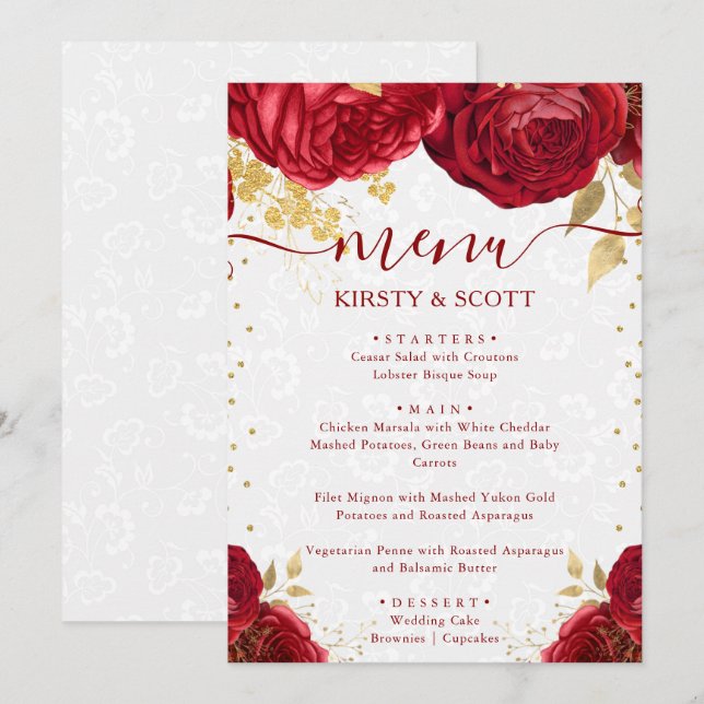 Watercolor Red and Gold Flowers Wedding Menu (Front/Back)