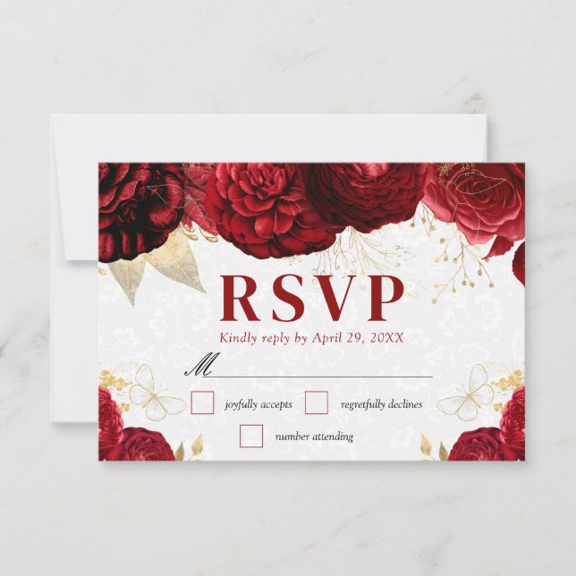 Watercolor Red and Gold Flowers Wedding RSVP Card (Front)