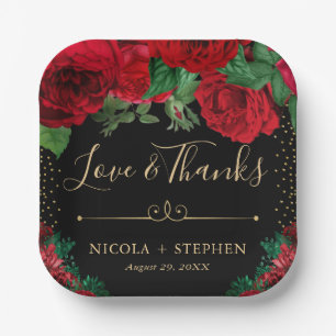 Watercolor Red and Gold Glam Roses Wedding Paper Plates