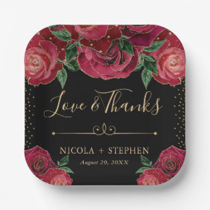 Watercolor Red and Gold Glam Roses Wedding Paper Plates