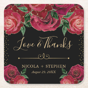 Watercolor Red and Gold Glam Roses Wedding Square Paper Coaster