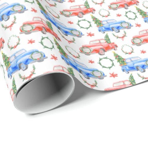Watercolor Red and Green Cars with Christmas Trees Wrapping Paper