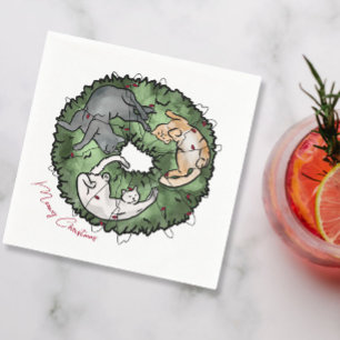 Watercolor red and green Cat Christmas Napkins