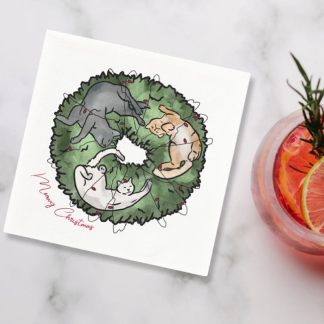 Watercolor red and green Cat Christmas  Napkins (Creator Uploaded)