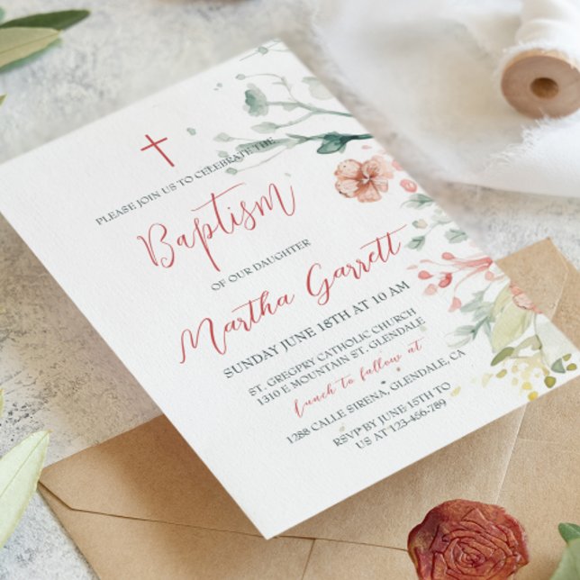 Watercolor Red and Green Flowers Daughter Baptism  Invitation (Creator Uploaded)