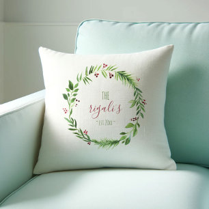 Watercolor Red and Green Personalized Christmas Th Throw Pillow