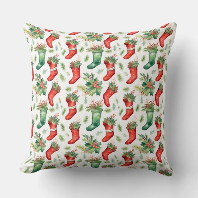 Watercolor Red and Green Stockings Throw Pillow (Front)