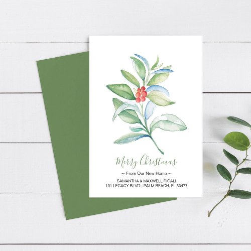 Watercolor Red and Green We Moved Christmas Card