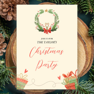 Watercolor Red and Green Wreath Christmas Party Invitation