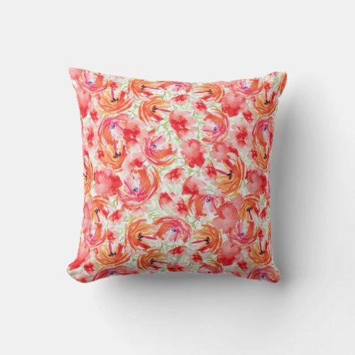 Watercolor Red and Orange flower vibrant pattern Throw Pillow