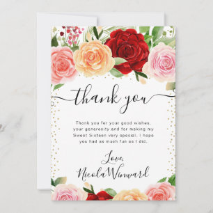 Watercolor Red and Orange Roses Flowers Sweet 16 Thank You Card