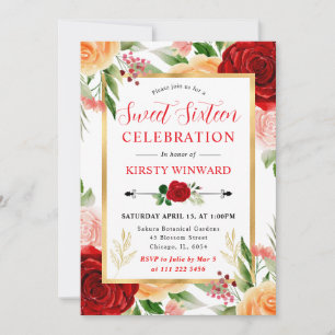 Watercolor Red and Orange Roses Sweet 16 Invitation