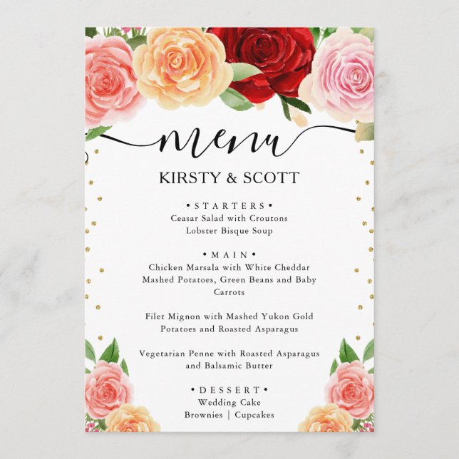 Watercolor Red and Orange Roses Wedding Menu (Front)