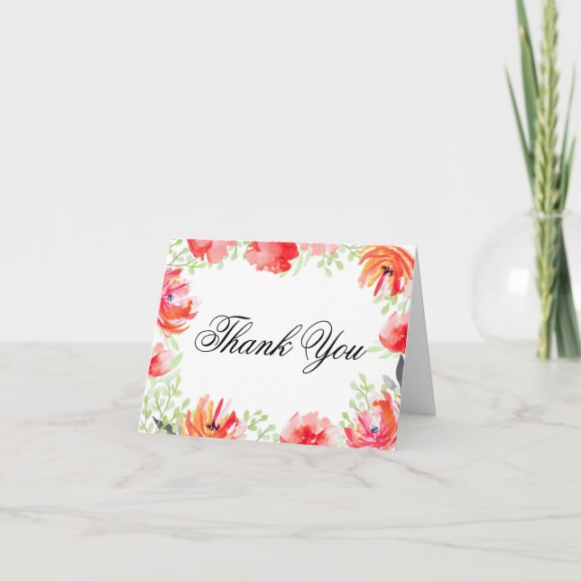 Watercolor Red and Ornage Poppy Flower Thank You (Front)
