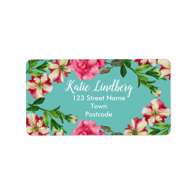 Watercolor Red and Pink Floral Turquoise Back Label (Front)